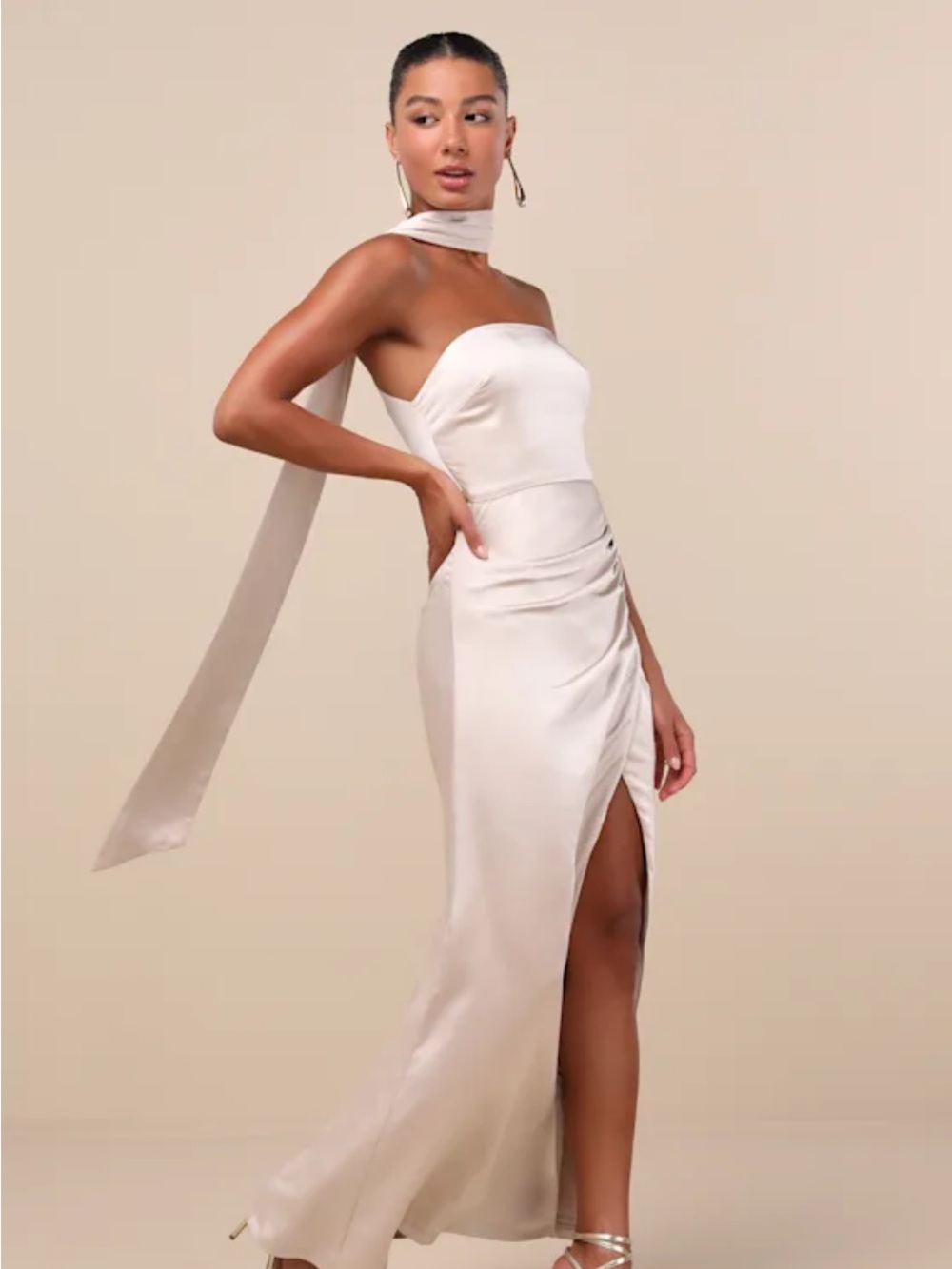 New Lulus Maritza Strapless Satin Sash Evening Gown in Ivory Sz Medium - Picture 7 of 9